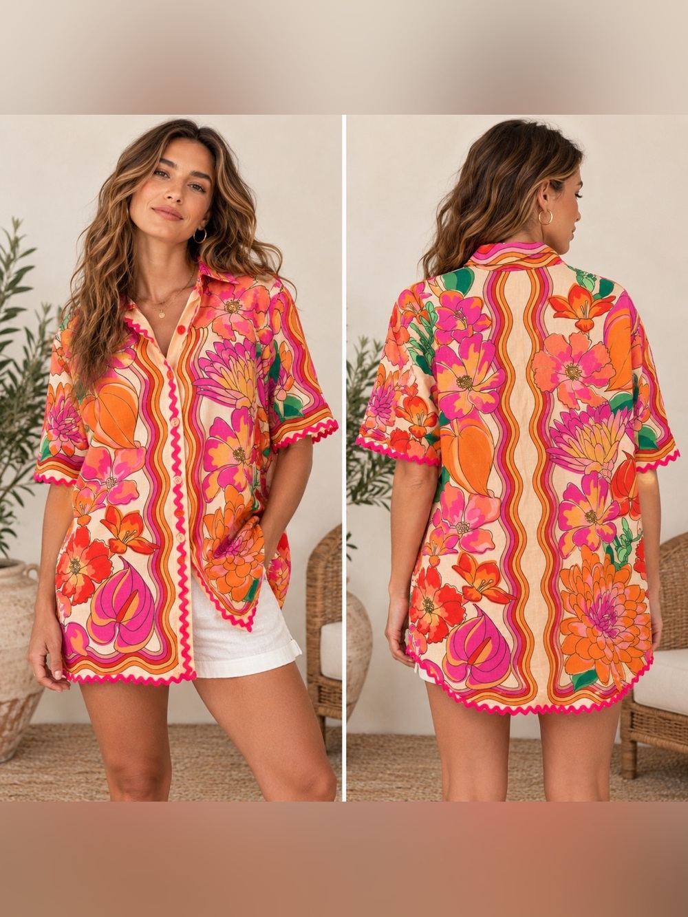 FARM Rio Spring Affair Linen Blend Shirt Women’s L Floral Button Front Resort To